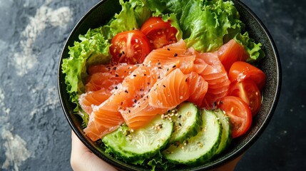 Wall Mural - Healthy Young woman holding Salted salmon salad bowl with fresh green lettuce,smoked salmon,tomato,Ketogenic,diet lunch bowl,enjoy eat clean vegetables after exercise,Healthy food concept.