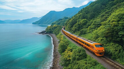 Orange Train Traveling Along Coastal Mountainside