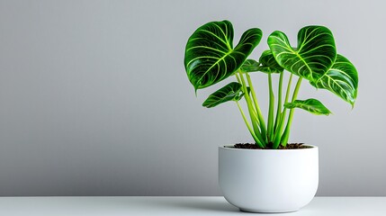 Wall Mural - A green plant stands in a white pot, set against a muted grey wall.