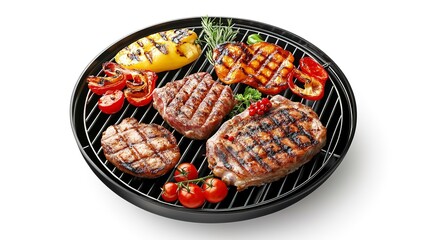 Poster - A vivid 3D close-up of a barbecue on a grill, highlighting the juicy, grilled texture of meats and vegetables, isolated on a clean white background, no people