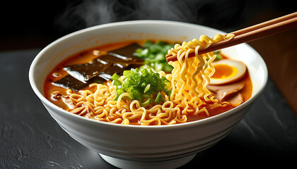 Tasty ramen noodle photography, captivating moment of soup noodles