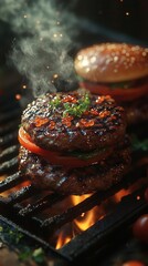 Wall Mural - sizzling barbecue scene flamekissed steaks and burgers rising smoke tendrils grill marks prominent mouthwatering realism