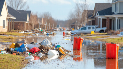 A flooded street scene with debris scattered around, highlighting the aftermath of a natural disaster in a suburban neighborhood.