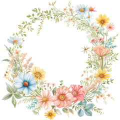 Watercolor Floral Wreath,circular wreath,watercolor wildflowers in pastel colors, perfect for festive and wedding designs,Transparent background