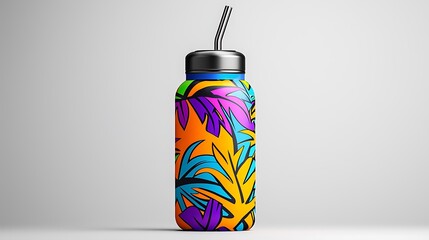 Wall Mural - A vibrant tropical water bottle mockup shines with bright colors and a handy straw.