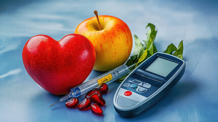 Red heart, apple, and glucometer on blue background, health and fitness concept