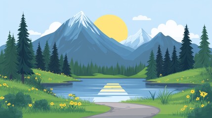 Wall Mural - Serene mountain landscape under a bright sun with a calm lake and a winding path surrounded by vibrant greenery and flowers