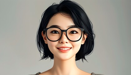 Joyful Asian cartoon woman with short black hair and glasses in vibrant 3D style, embodying happiness and youthful energy in creative illustrations