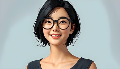 Wall Mural - Joyful Asian cartoon woman with short black hair and glasses in vibrant 3D style, embodying happiness and youthful energy in creative illustrations