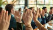 © Natalia - A group of people raising their hands in a meeting. AI.