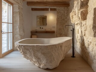 unusual stone bath in a modern style bathroom