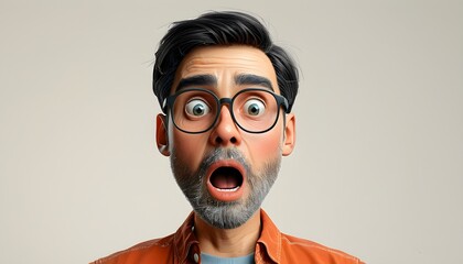 Astonished 3D Cartoon Character with Wide Eyes and Open Mouth, Capturing Shock and Surprise in a Playful Adult Male Portrait on a Light Background