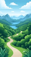 Wall Mural - Winding path through lush green hills leading to a serene lake surrounded by mountains on a bright sunny day