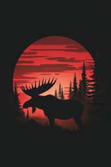 Wall Mural - Lone moose wandering in a shadowy forest at dusk, intense red sunset filtering through the trees, high contrast silhouette, mysterious and moody nature scene