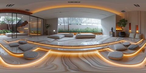 Wall Mural - An immersive 360-degree equirectangular panorama of a tranquil meditation room in a modern house, with LED strips casting