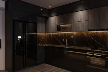 Wall Mural - Black kitchen featuring state-of-the-art appliances.