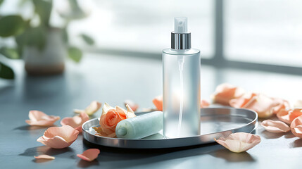 A bottle of hydrating mist on a metal tray, surrounded by fresh rose petals and a jade roller, in a minimalist style with a clean background.