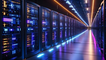 Canvas Print - Futuristic corridor of a data center illuminated by blue and purple LED lights showcasing high-speed computing servers for cloud and internet services