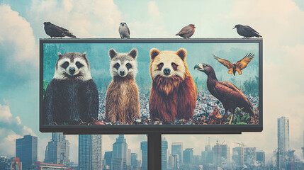 endangered species on a billboard in front of a polluted cityscape, raising awareness of human impac