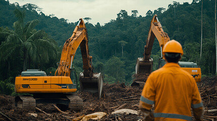 Industrial machines tearing into a forest, visualizing deforestation and the environmental cost of development.