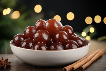 Gulab jamun in a bowl on a table with blurred lights in the background, Indian dessert