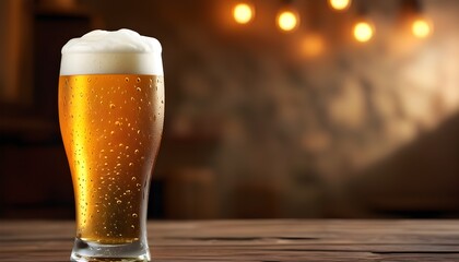 Canvas Print - Chilled golden beer in a tall glass with frothy head, rising bubbles against a warm dark backdrop, inviting a flavorful experience