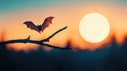 Sticker - A single bat perched on a branch, with a full moon glowing behind it, casting a long shadow.