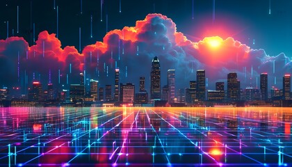 Wall Mural - Futuristic Digital Cloud Illustrating Cost Efficiency in Cloud Computing with Pay-Per-Use Pricing Models, Resource Optimization, and AI Against a Nighttime Grid Background