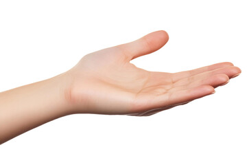 man with open hand, palm facing up, thumb and fingers outstretched, isolated on white background, showing empty hand gesture, giving symbol, concept of care and help