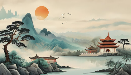 Wall Mural - Traditional Chinese style landscape painting, showcasing the charm of Chinese culture