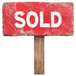 © Sippung - Red and white 'Sold' sign with a wooden post and worn edges on a transparent background clipart