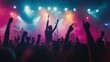 © CStock - A lively concert party with a crowd dancing under colorful stage lights, hands in the air, with the lead singer engaging with the audience Close-up photo with clean background