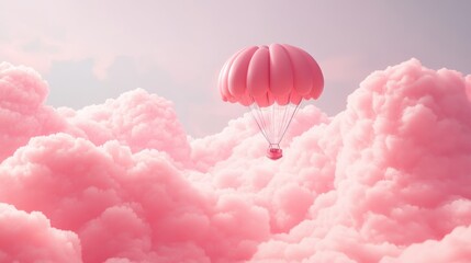 Wall Mural - A Box flying on a parachute with pink cloud,vector illustration of package flying down from sky and cloud with parachute, concept for delivery service,shopping online,air delivery service.