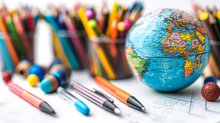 Detailed close-up of a teacher's desk in a classroom, showcasing school supplies like a globe, pens, and a planner, all isolated on a clean white background.