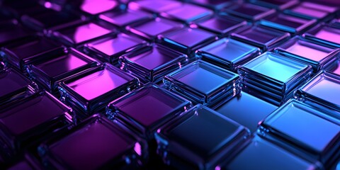 3D render, an abstract geometric cubs background with neon blue and purple lights shining on the wall blocks