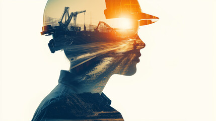 Wall Mural - Construction worker double exposure. Building engineer or architect banner