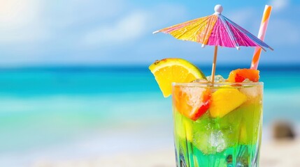 A refreshing tropical cocktail in a crystal-clear glass, featuring a mix of bright green, yellow, and pink hues, topped with a colorful umbrella and fresh fruit slices,