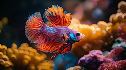 Wall Mural - Vibrant Siamese Fighting Fish with Flowing Fins Against a Coral Reef Background