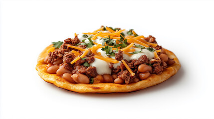 Delicious flatbread topped with seasoned ground beef, beans, cheese, and fresh herbs, creating savory and satisfying meal.