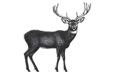 Poster - Realistic deer black silhouette drawing isolated against a white background