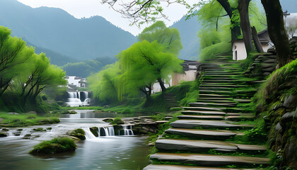 Poster - Wuyuan Scenery, Stone Steps, Green Trees, Village Streams and Waterfalls.