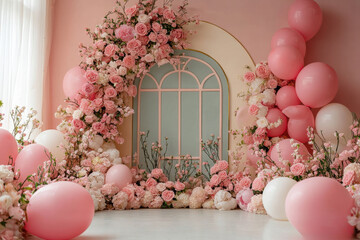 Wall Mural - A pink and white room with a pink archway and pink flowers