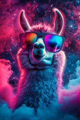 an astronaut alpaca with sunglasses in space