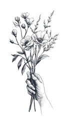 Wall Mural - A black ink sketch of a hand delicately holding a bouquet of flowers, drawn in simple lines, isolated on white background