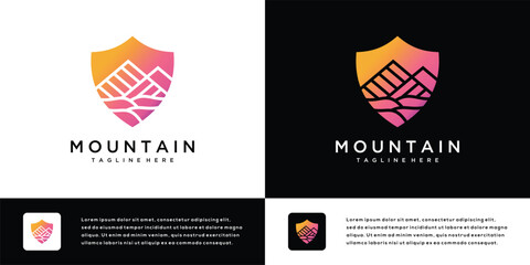 Wall Mural - Mountain logo icon design illustration with shield. Abstract outdoor mountain logo symbol.	
