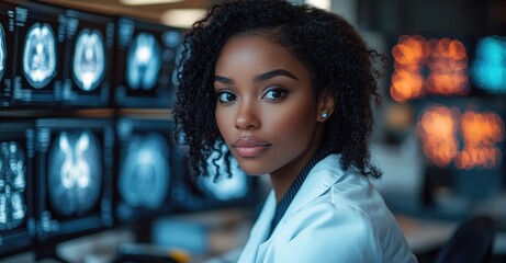 Young Female Doctor Analyzing Brain Scans in a Modern Medical Facility with Advanced Technology