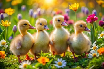 Wall Mural - Adorable fluffy ducklings waddle through a vibrant field of brightly colored Easter flowers, surrounded by lush greenery, on a sunny spring day.