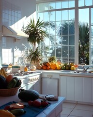 Wall Mural - A bright kitchen with a large window overlooking a tropical landscape, filled with fresh produce and cooking supplies.