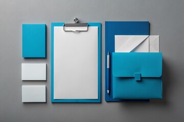 minimalist top view of a modern stationery design mockup set featuring a blue color scheme on a grey