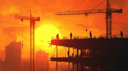 Creative background featuring a construction site with cranes and workers silhouetted against a sunset